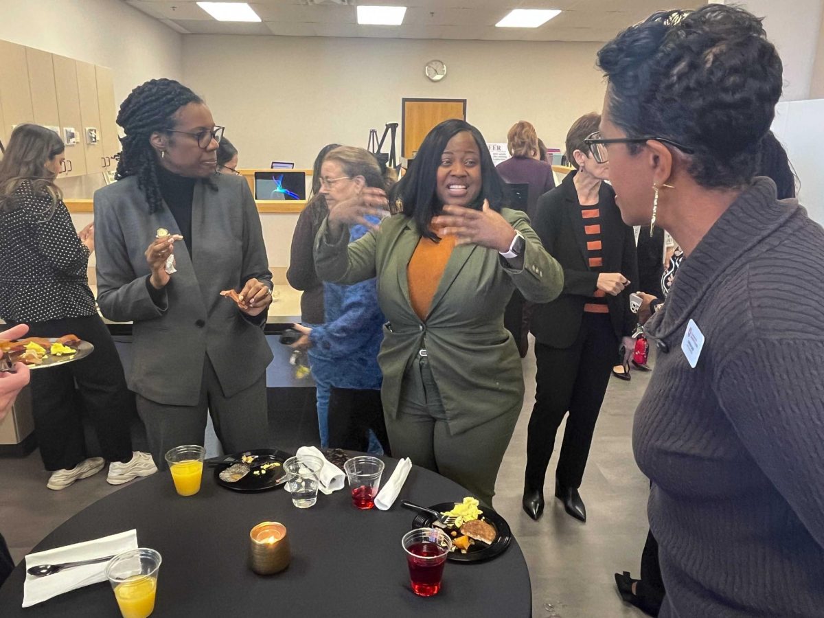 Among the many OCCC executives and administrators who showed up at The Pioneer's recent open house to celebrate the newspaper's 50th birthday were (from left) Vice President of Human Resources Courtney Enos, Vice President of Student Affairs & Strategic Enrollment Carolyn Eastlin and Chief Financial Officer Cynthia Gary.