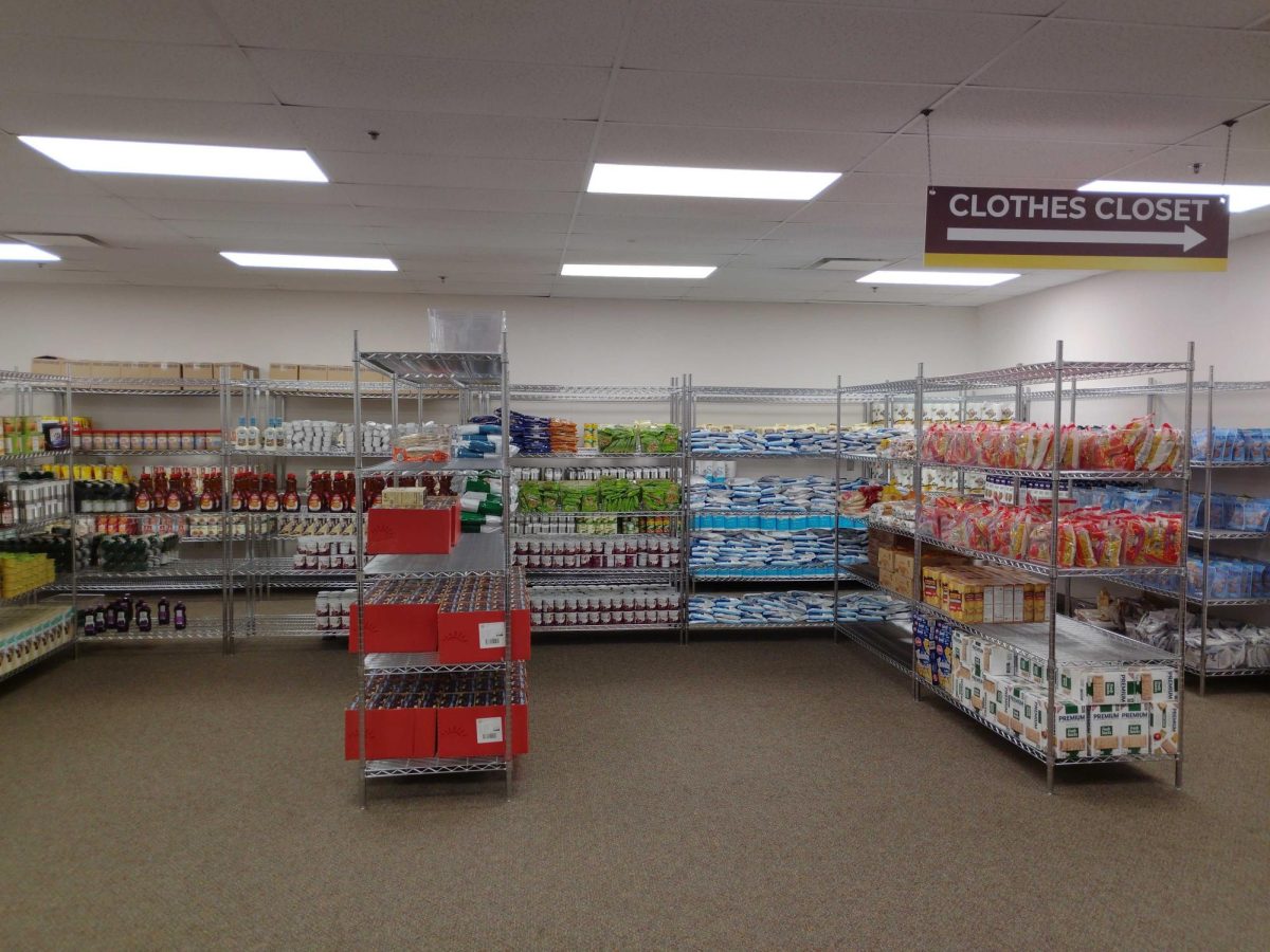 The OCCC Food Pantry is stocked with a wide assortment of food on well-organized shelves inside Room 2J4 of the Main Building. 