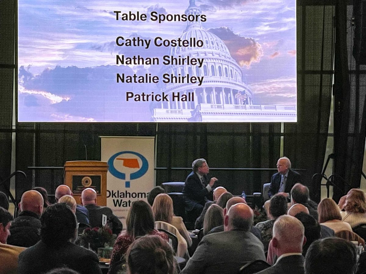 During a recent speaking event held at OCCC to raise money for the nonprofit media outlet Oklahoma Watch, political strategist Karl Rove (right) answers questions posed by KGOU general manager Dick Pryor about the current state of politics in the United States.
