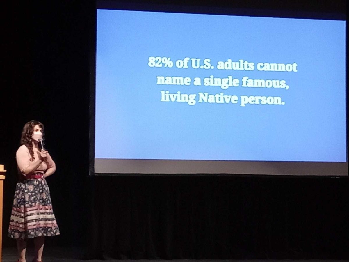 Award-winning Native American author Rebecca Nagle shares a startling statistic while delivering an eye-opening presentation at OCCC.