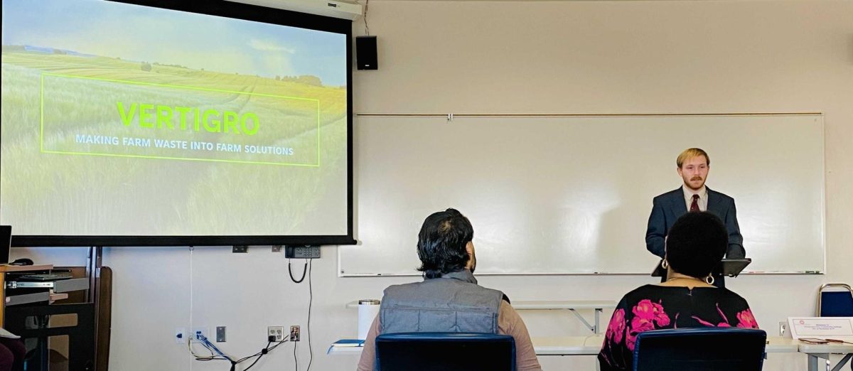 Trey Brite presents a business pitch for Vertigro, a company designed to transform farm waste into useful "farm solutions," during the first-ever Trailblazer Tank competition at OCCC, with the judges ultimately going on to award him first-place honors for his outstanding presentation.