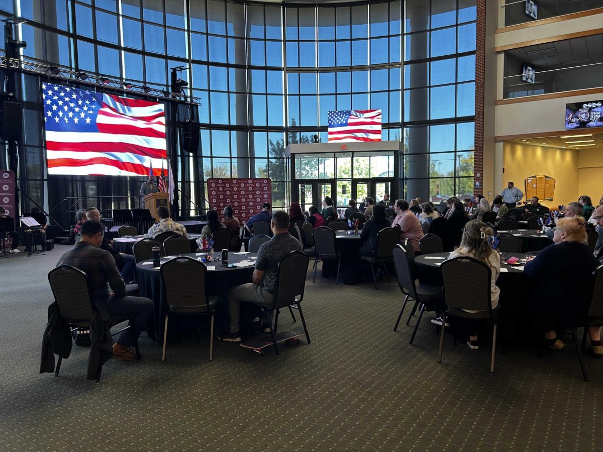 OCCC Associate Vice President for Student Affairs Christopher Snoddy gives a heartfelt address to those present at the Veteran's Luncheon. While not a veteran himself, Snoddy recounted how members of his family have served in the military and how the lessons they taught helped shape him into the man that he is today.