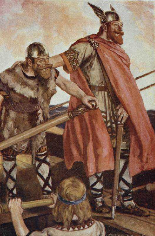 Erik the Red (950-1003/04) sets sail for Greenland in an illustration from "The Book of Discovery" by T.C. Bridges, published in 1931.