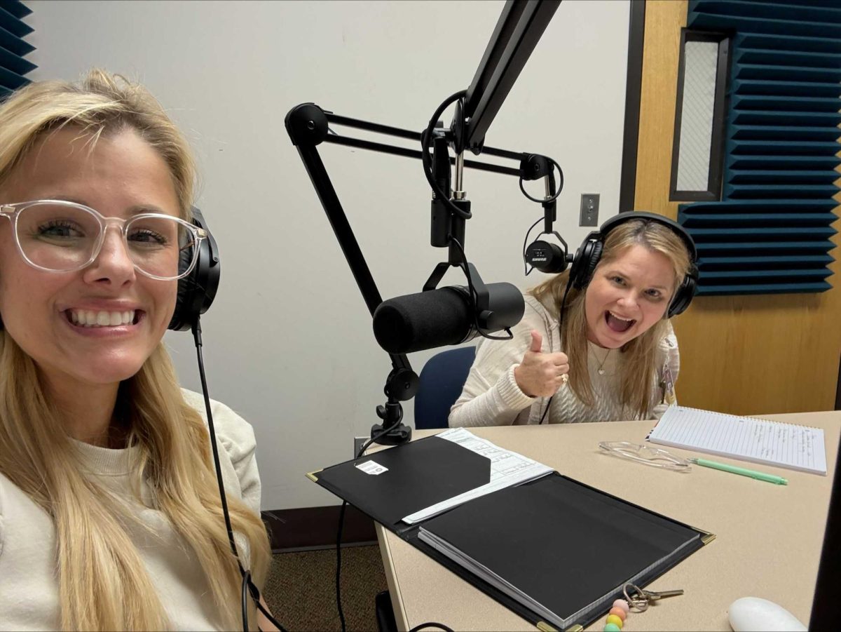 OCCC Professor of Nursing Ericka Williams (left) and Tonya Faires, a student success specialist in the nursing department, record an episode of "Nursing School Unplugged," a new podcast that provides nursing students with guidance, encouragement and practical tips for success.