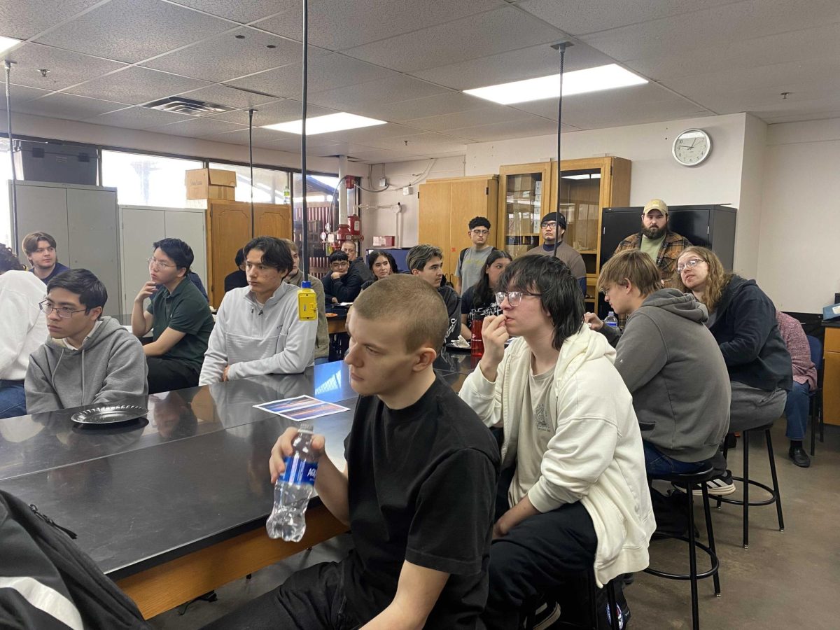 Attentive OCCC students gather in the engineering center for the recent “Energize Your Lunch! AEE-OK Lunch & Learn” session, eager to explore energy efficiency and career opportunities in sustainability.