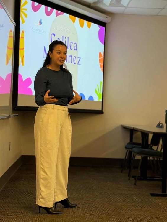 Galilea Martinez, a candidate running for the Oklahoma City Public Schools Board of Education, addresses the Hispanic Student Association during a recent visit to OCCC.