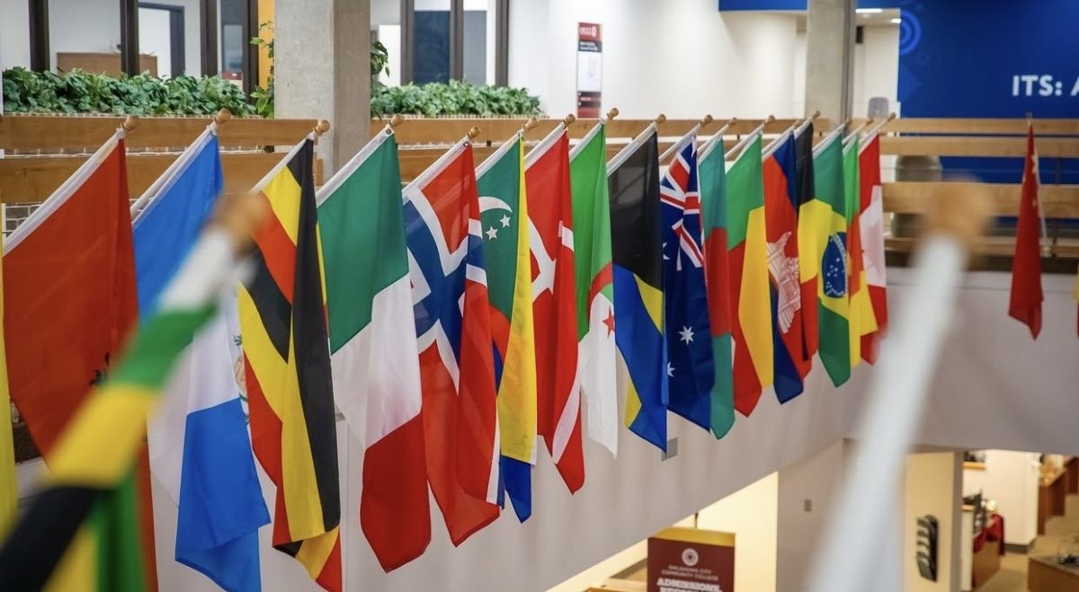 Flags representing countries around the world are displayed inside the Main Building, reflecting the diverse backgrounds of OCCC's international student community.